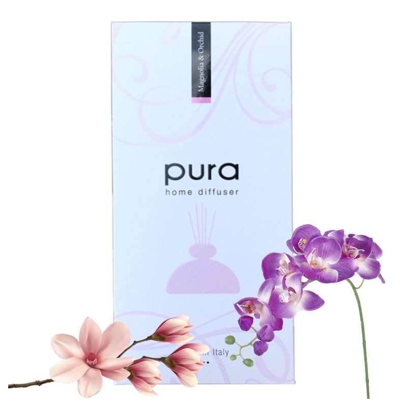 Ambientador con palillos PURA PLATINUM, 250 ml (en Caja de Regalo) - Difusor de aroma MAGNOLIA Y ORQUÍDEA