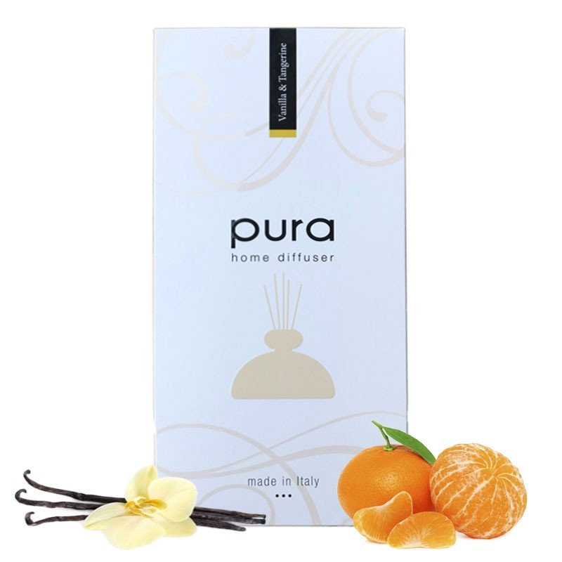 Ambientador con palillos PURA PLATINUM, 250 ml (en Caja de Regalo) - Difusor de aroma VAINILLA Y MANDARINA