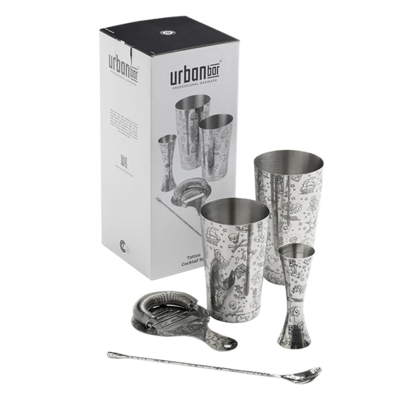 Juego de Barman TATTOO con Utensilios de Bar (¡5 piezas!) [UrbanBAR] en Caja de Regalo
