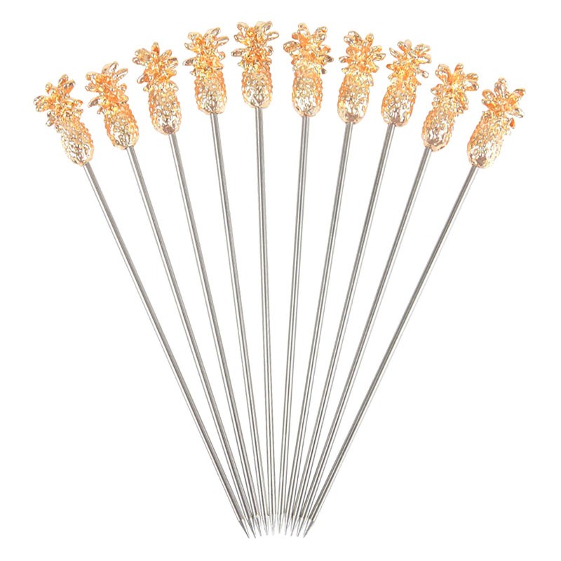 Palillos de METAL con PIÑA (¡Juego de 10pzas!) DORADA, Reutilizable