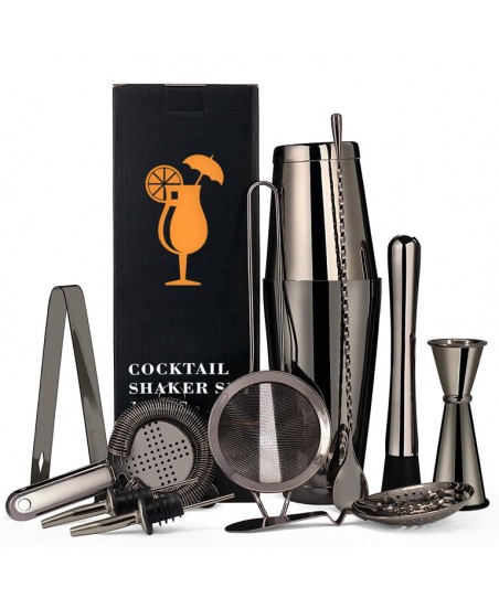 Juego de Barman NEGRO GunMETAL con Utensilios de Bar (¡11 piezas!) en Caja de Regalo
