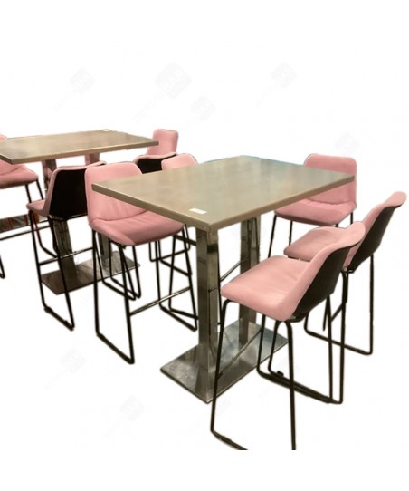 Set de Bar – Mesa Alta + 5 Taburetes Tapizados en Rosa (Diseño Moderno, Usado, Buen Estado)