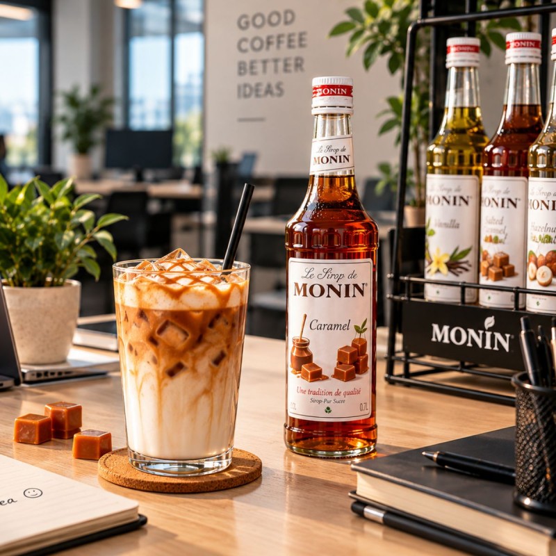 Sirope MONIN Caramelo 700ml – Latte de caramelo con hielo en la oficina