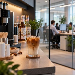 MONIN Roasted Hazelnut Syrup 700ml – Iced Latte in a Modern Office